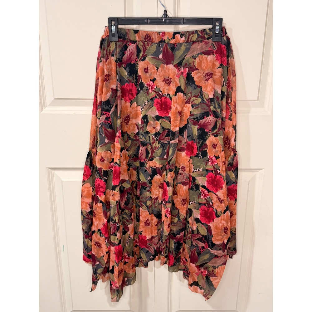 Easel Los Angeles Orange Floral Handkerchief Hem Midi Skirt Small Boho Mesh